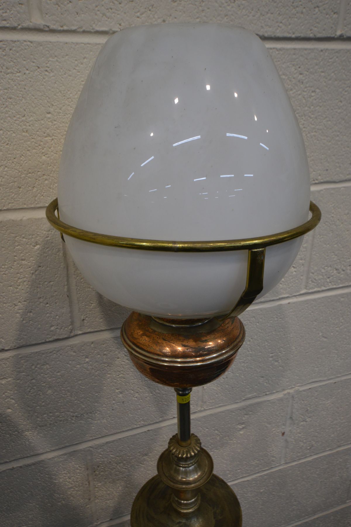 A TELESCOPIC OIL LAMP, white glass shade, brass reservoir, min height 133cm x max height 198cm, with - Image 2 of 4