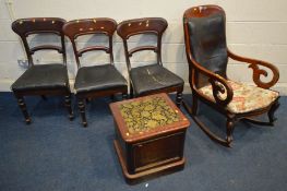 A VICTORIAN MAHOGANY STEP COMMODE, with ceramic bowl together with three Victorian bar back chairs,
