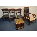 A VICTORIAN MAHOGANY STEP COMMODE, with ceramic bowl together with three Victorian bar back chairs,