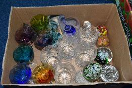 TWO BOXES OF GLASSWARE, including a Strathearn paperweight and several other modern unbranded