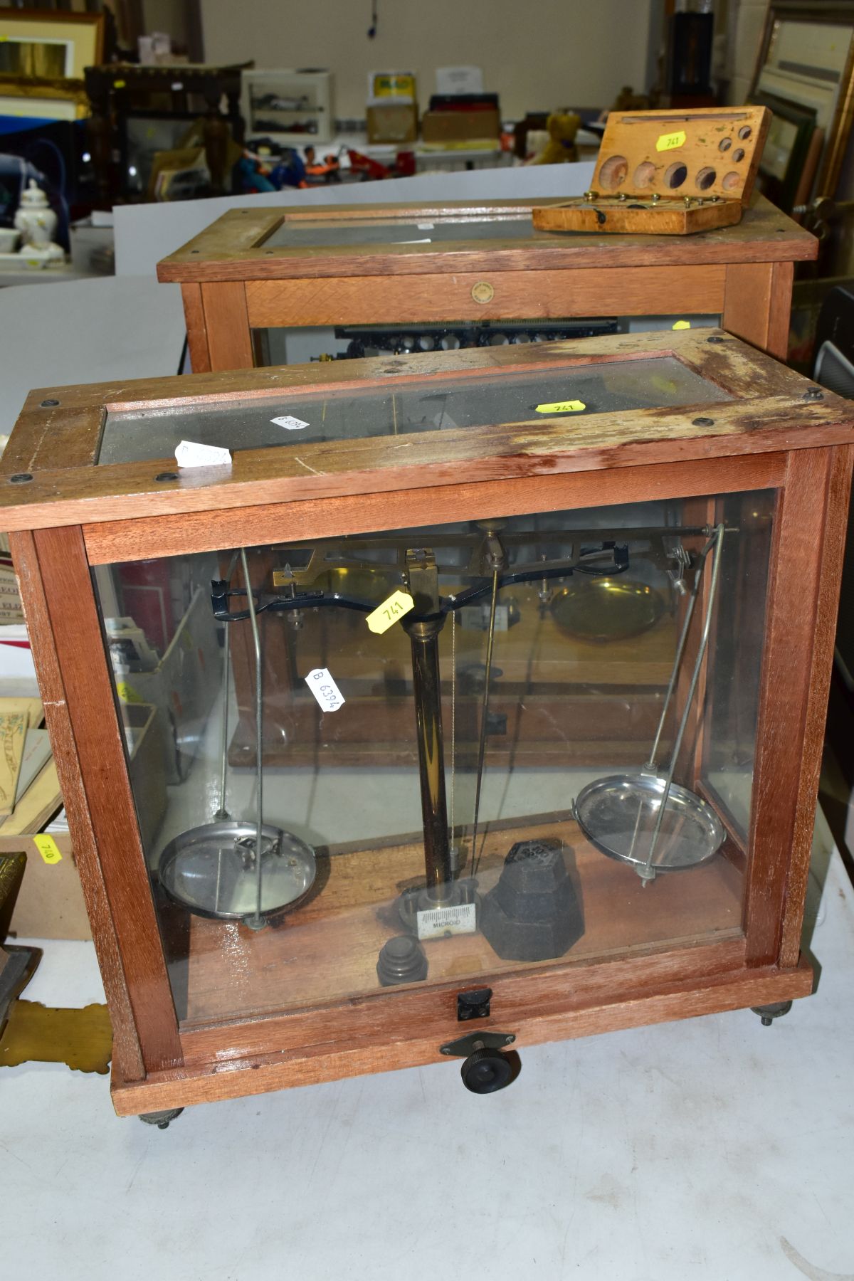 A CASED SET OF PHILIP HARRIS LTD OF BIRMINGHAM SCIENTIFIC BALANCE SCALES, height 43cm x width 46cm x