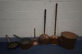 SIX VARIOUS PIECES OF COPPER, to include a large heavy pan with an iron handle, another pan, two