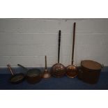 SIX VARIOUS PIECES OF COPPER, to include a large heavy pan with an iron handle, another pan, two