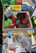 TWO BOXES OF MECCANO MAGAZINES, LOOSE MECCANO, CATALOGUES, ETC, to include red and green era
