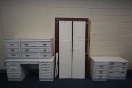 A WHITE FINISH TWO PIECE BEDROOM SUITE, comprising a double door wardrobe, width 90cm x depth 60cm x