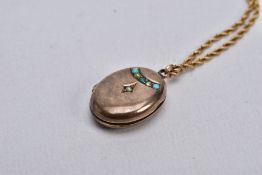 A VICTORIAN YELLOW METAL SPLIT PEARL AND TURQUISE LOCKET NECKLACE, the AF locket of an oval form,