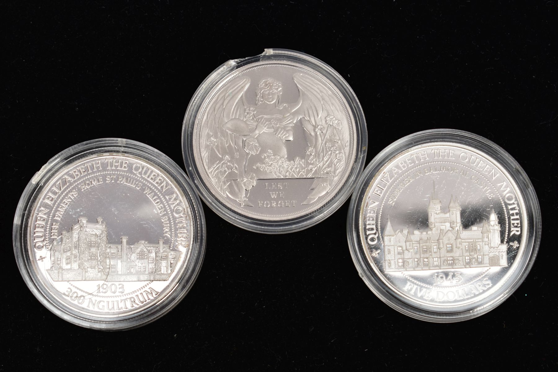 THREE SILVER PROOF COINS to include a Belize silver proof 1995 Queen Mum five dollars, a Bhjutan 300