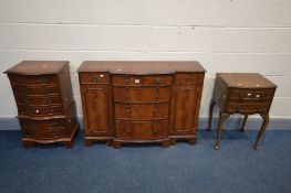 A SMALL MAHOGANY BREAKFRONT SIDEBOARD, width 106cm x depth 33cm x height 77cm (key) a small yew wood