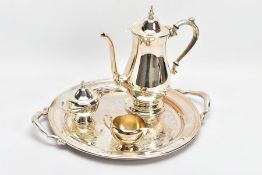 A SILVER PLATE 'IONEIDA' THREE PIECE COFFEE SET AND DOUBLE HANDLED TRAY, to include coffee pot