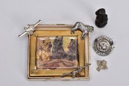 A TRAY OF SILVER BROOCHES, COMPACT etc, to include a silver 'Crufts Dog Show' brooch depicting a