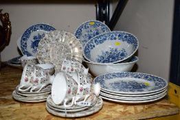 A RIDGWAY IRONSTONE BLUE AND WHITE 'CLIFTON' PATTERN PART DINNER SERVICE AND A BOWBELL CHINA TEA