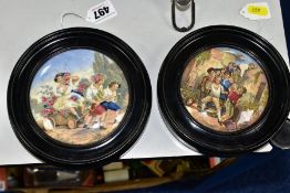 TWO PATTWARE POT LIDS comprising 'Children of Flora' framed, 11cm visible image and the the wolf and