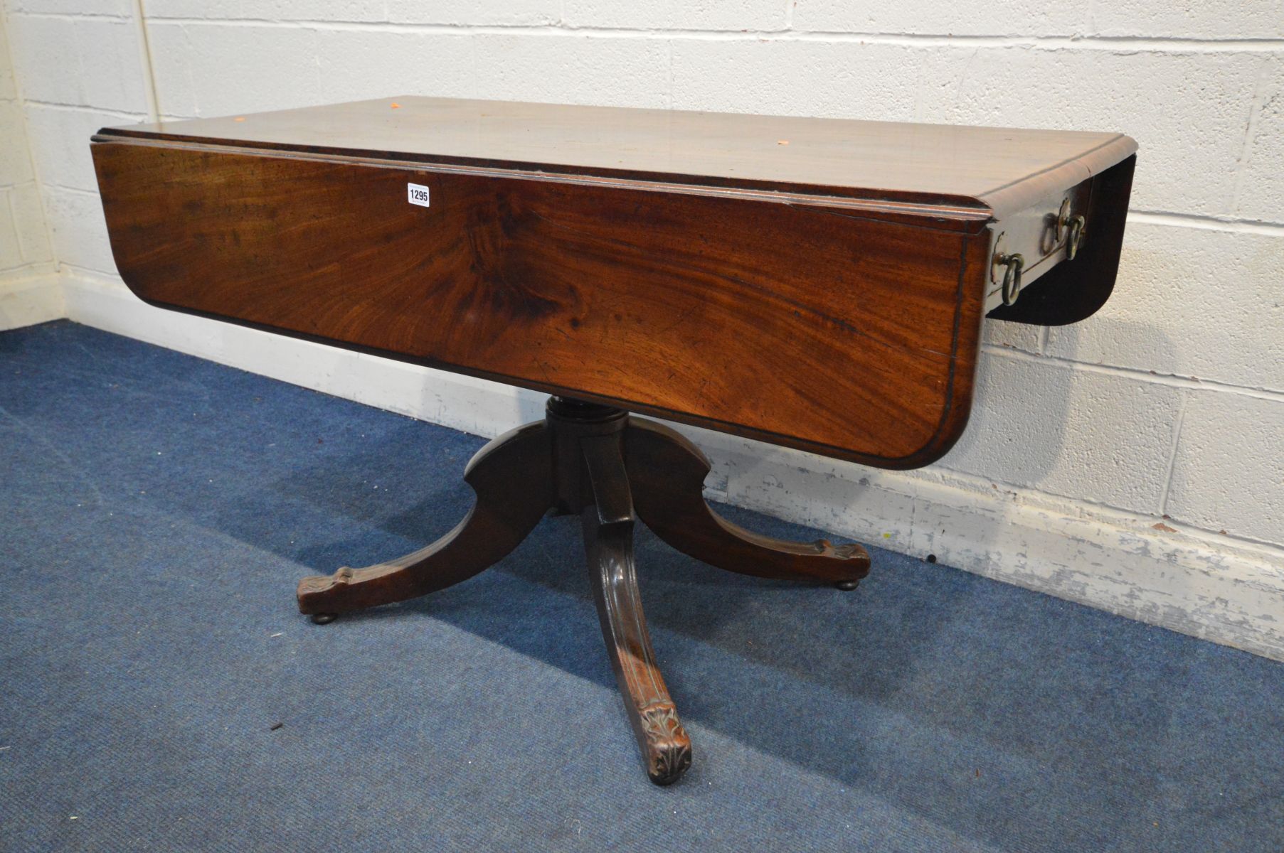 A MAHOGANY REGENCY PEMBROKE PEDESTAL TABLE, drawer with hoop handles to one side, dummy drawer to