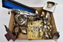 A BOX OF MAINLY SILVER PLATED WARE, to include various items of cutlery, tea pot, trinket box,
