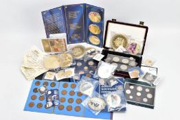 A BOX CONTAINING LARGE GUILDED ROYALTY COINS, 376 grams to 110 grams Queen Elizabeth and Princess