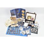 A BOX CONTAINING LARGE GUILDED ROYALTY COINS, 376 grams to 110 grams Queen Elizabeth and Princess