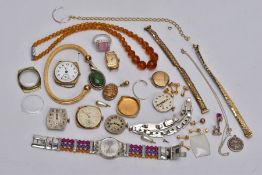 A BAG OF ASSORTED JEWELLERY, to include a ladies Swatch wristwatch, round silver dial, Arabic