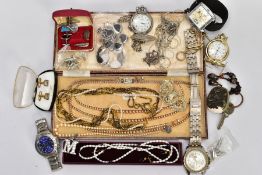 A BOX OF MISCELLANEOUS ITEMS, to include a silver and onyx necklace fitted with fifteen half