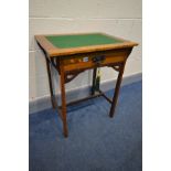 AN ARTS AND CRAFTS OAK WRITING/CARD TABLE, with a green baize inlay, single frieze drawer with art