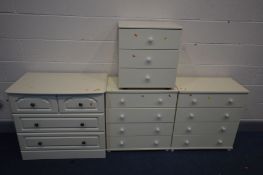 A PAIR OF CREAM CHESTS OF FOUR DRAWERS, matching chest of three drawers and another chest of two