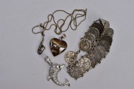 A BAG OF SILVER AND WHITE METAL JEWELLERY, to include a silver dolphin pendant embellished with a