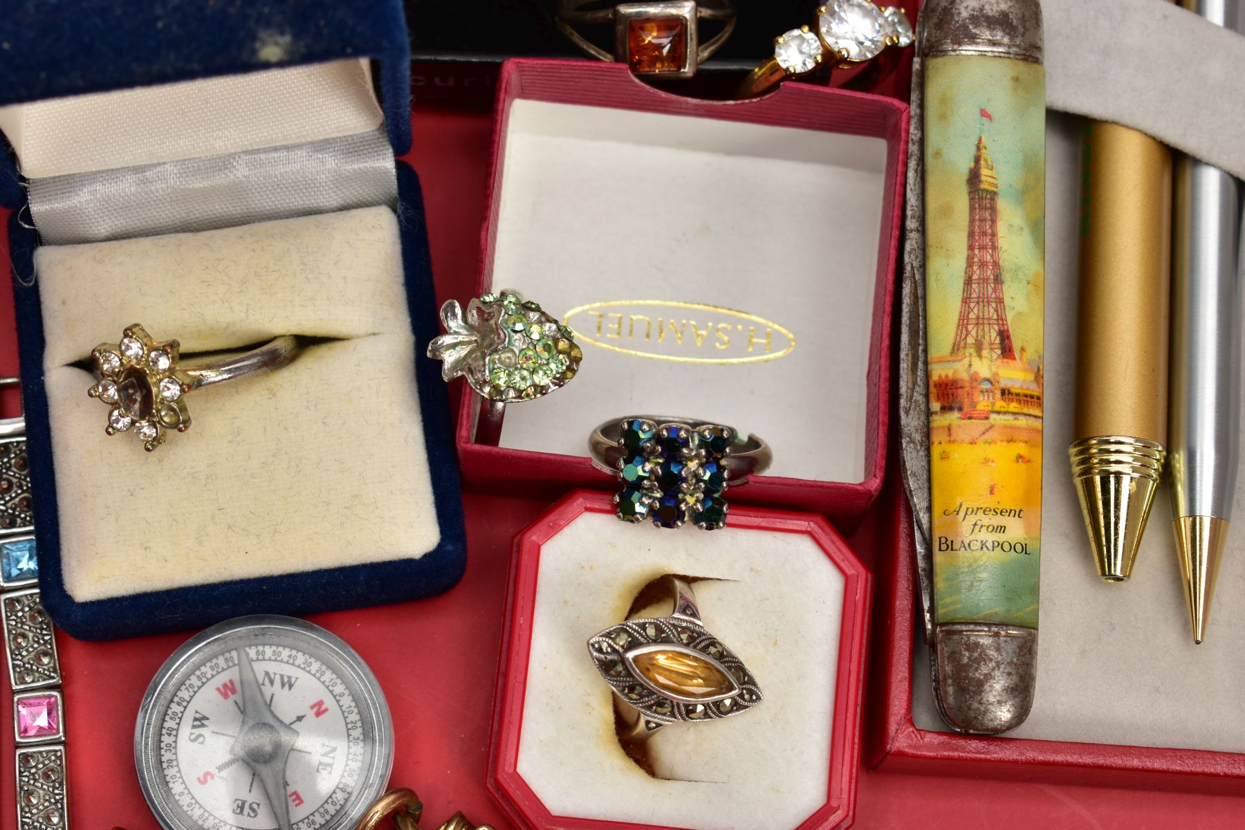 A BOX OF ASSORTED ITEMS, to include a white metal Citrine and marcasite ring, stamped '925', ring - Image 2 of 5