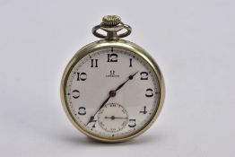 AN OMEGA OPEN FACE POCKET WATCH, round white dial signed 'Omega', Arabic numerals, seconds