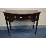 A GEORGIAN MAHOGANY SERPENTINE SIDE TABLE, the frieze with two small drawers flanking a single