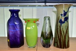 A CAITHNESS XANADU PURPLE AND BLUE GLASS VASE BY COLIN TERRIS AND THREE OTHER VASES, the Caithness