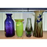 A CAITHNESS XANADU PURPLE AND BLUE GLASS VASE BY COLIN TERRIS AND THREE OTHER VASES, the Caithness