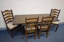 AN OAK REFECTORY TABLE, length 167cm x depth 76cm x height 76cm and four ladderback chairs (5)