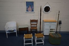 A QUANTITY OF OCCASIONAL FURNITURE, to include a pine and partially painted kitchen trolley, piano