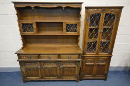 AN OAK OLD CHARM DRESSER, width 136cm x depth 44cm x height 176cm and two door lead glazed corner