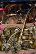 TWO BOXES OF BRASS AND COPPER, etc, to include a pair of brass horse hames, a tapestry pendant on