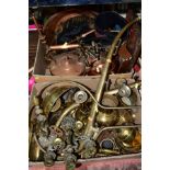 TWO BOXES OF BRASS AND COPPER, etc, to include a pair of brass horse hames, a tapestry pendant on