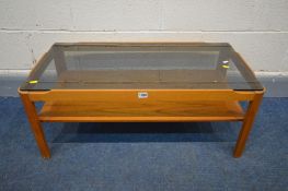A MYER TEAK AND SMOKED GLASS TOPPED COFFEE TABLE, width 88cm x depth 44cm x height 35cm
