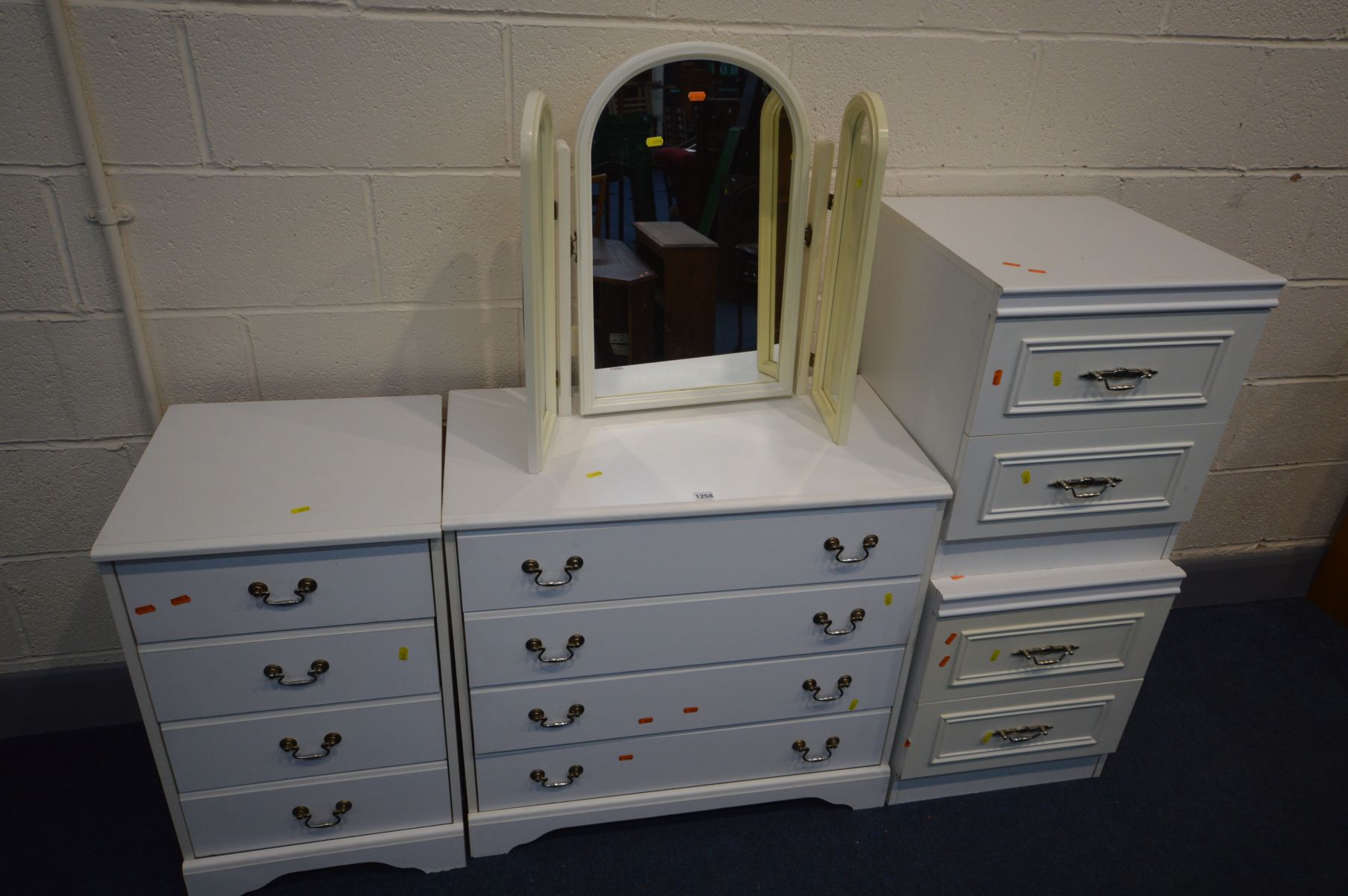 TWO MODERN WHITE CHEST OF DRAWERS, similar pair of two drawer bedside cabinets and a triple dressing