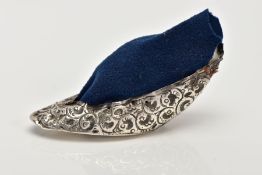 A MID-VICTORIAN SILVER PIN CUSHION, AF in the form of a shoe, embossed floral design, fitted with