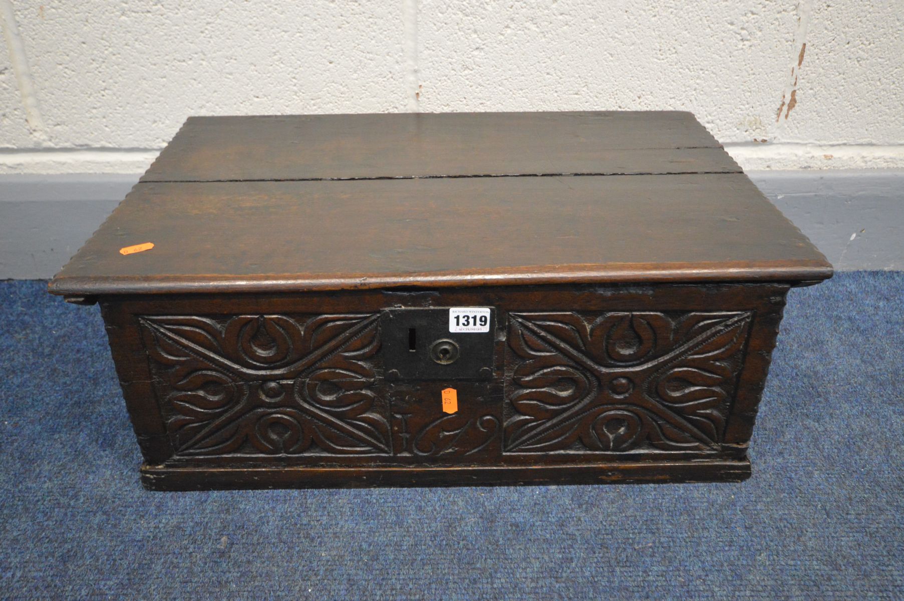 A GEORGIAN AND LATER CARVED OAK BIBLE BOX, width 59cm x depth 38cm x height 22cm (front and lid