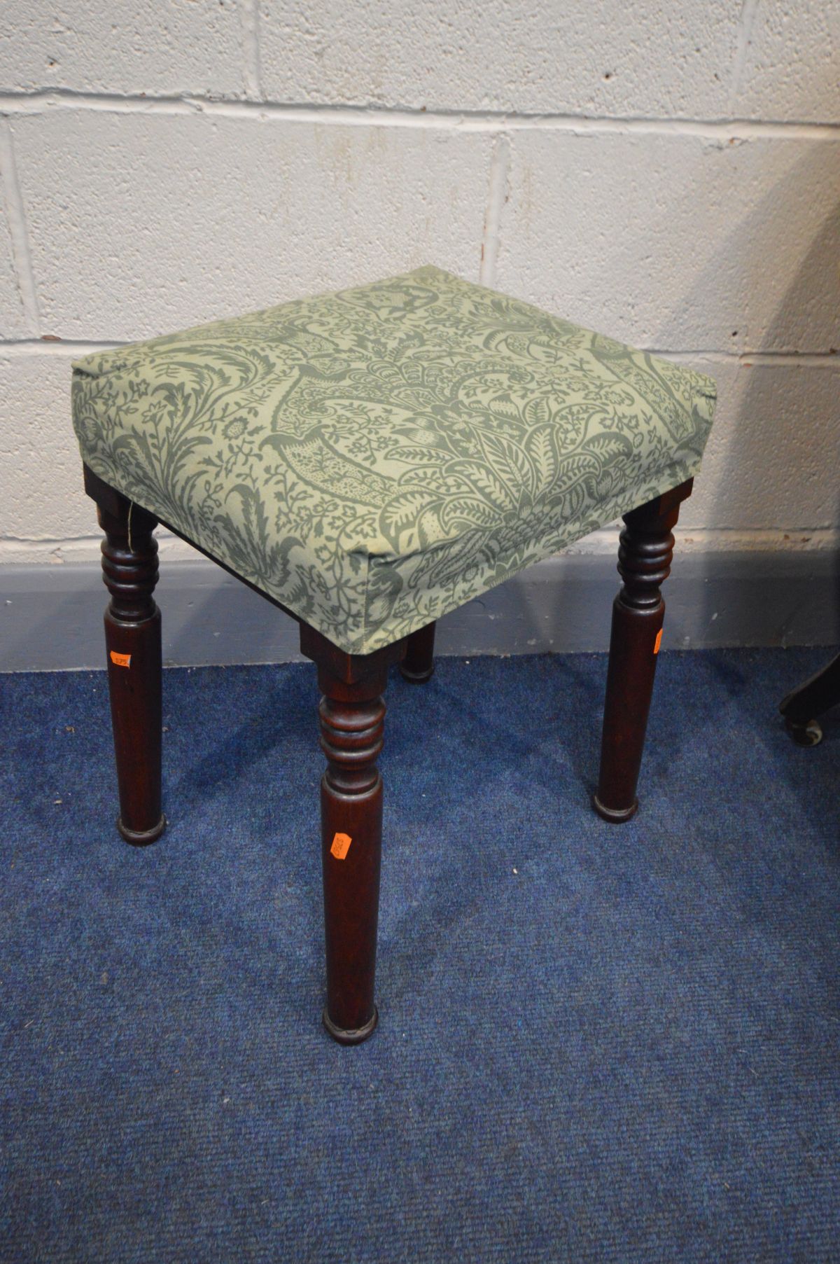 A VICTORIAN STYLE MAHOGANY STOOL, along with a Victorian bedroom chair (repairs) a Lloyd loom basket - Image 2 of 4