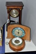 TWO MANTEL CLOCKS AND A BAROMETER, comprising an Edwardian portico mahogany stained mantel clock,