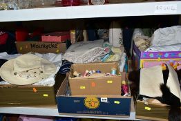 SEVEN BOXES OF ASSORTED CLOTHING AND HABERDASHERY ITEMS, ETC, to include a box of various threads,