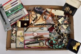 A BOX OF ASSORTED COSTUME JEWELLERY AND ITEMS, to include a boxed 'Sarah Coventry' yellow metal