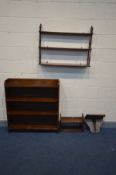 AN EDWARDIAN MAHOGANY THREE TIER WALL SHELF with turned uprights, width 87cm x depth 18cm x height