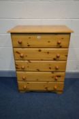 A MODERN PINE CHEST OF FIVE LONG DRAWERS, width 36cm x depth 45cm x height 99cm