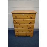 A MODERN PINE CHEST OF FIVE LONG DRAWERS, width 36cm x depth 45cm x height 99cm