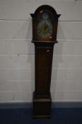AN OAK GRANDDAUGHTER CLOCK, brass and silvered 6 inch dial with an Enfield movement, and tempus