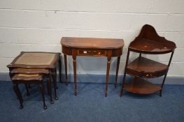 THREE VARIOUS PIECES OF MODERN MAHOGANY FURNITURE, to include a hall table, nest of three tables and