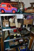 NINE BOXES AND LOOSE OF BOOKS, DVD'S, CLOTHES, METALWARE, PICTURES, ETC, including framed and glazed