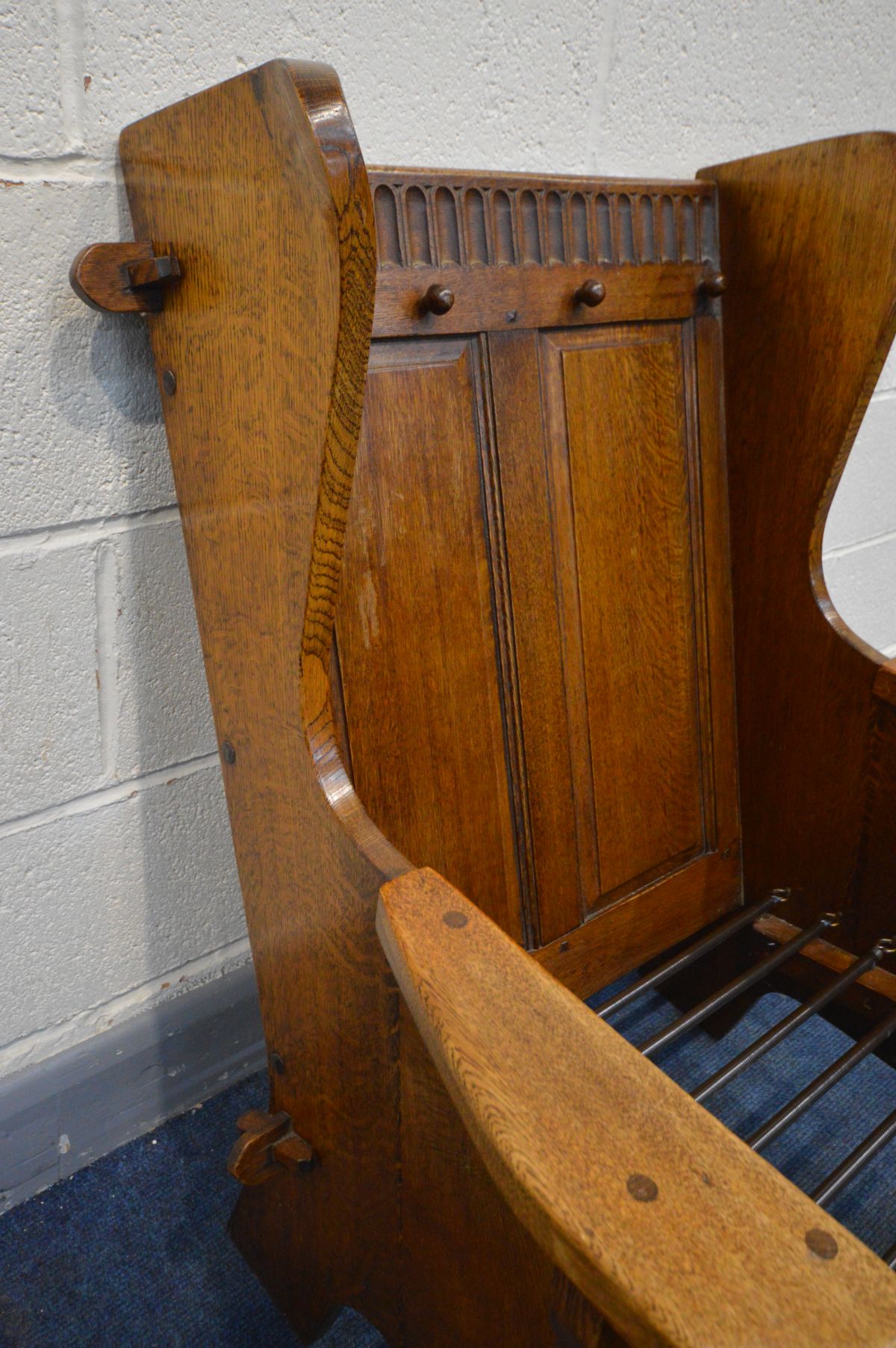 AN ARTS AND CRAFTS OAK ARMCHAIR, with open peg joints, and later cushions, width 73cm x inner seat - Image 4 of 4